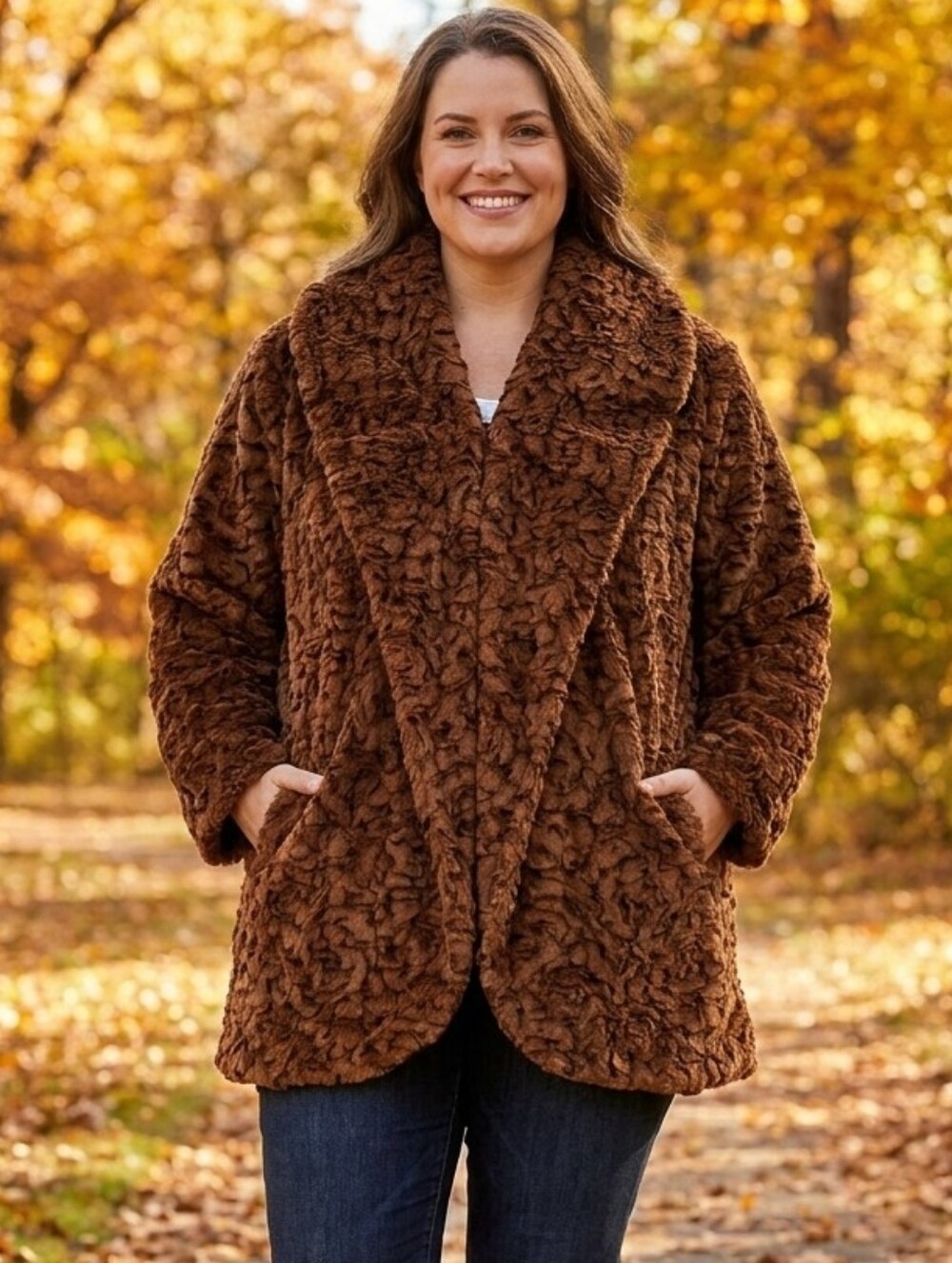 Adrienne Landau Faux Fur Shawl Collar Hook and Eye Coat w/ Pockets